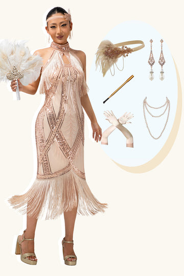 Vestido Champagne Sequin Halter Fringe 1920s com conjunto de acessórios de 5 peças